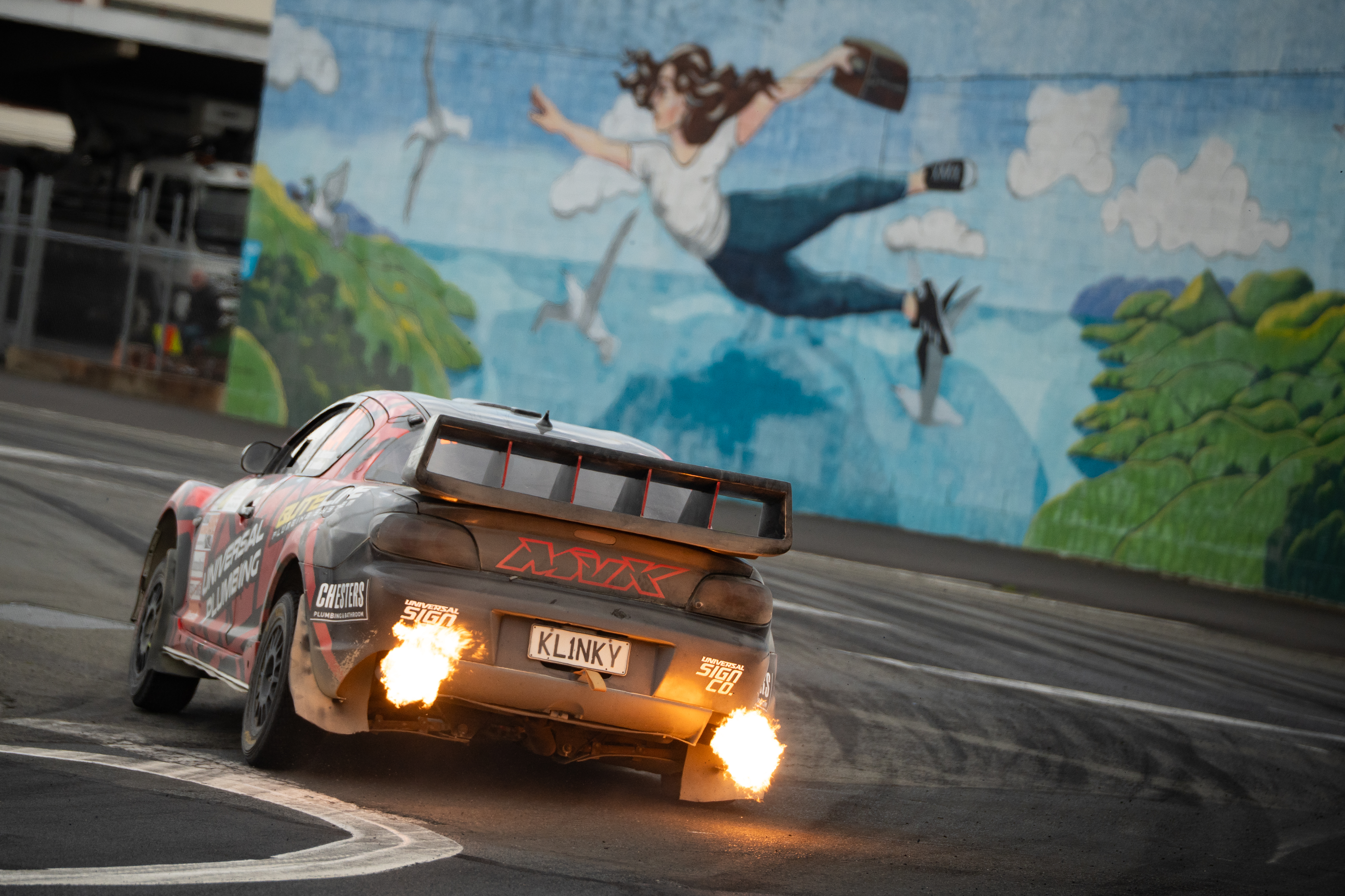 Drift car fire exhaust — motorsport photography